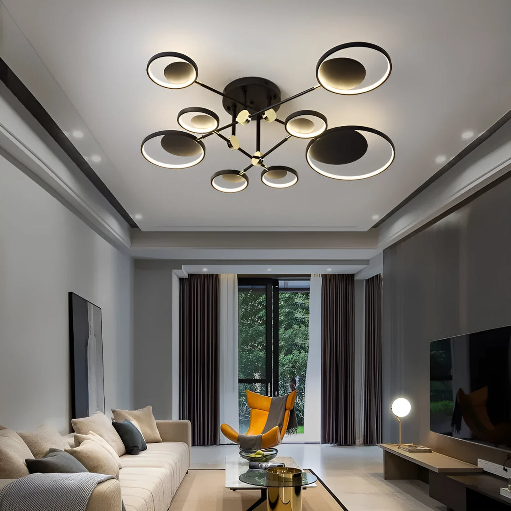 LED glass ceiling light with 4, 6 or 8 head caps, three colour light options, 720mm dimensions and 0.5m adjustable height