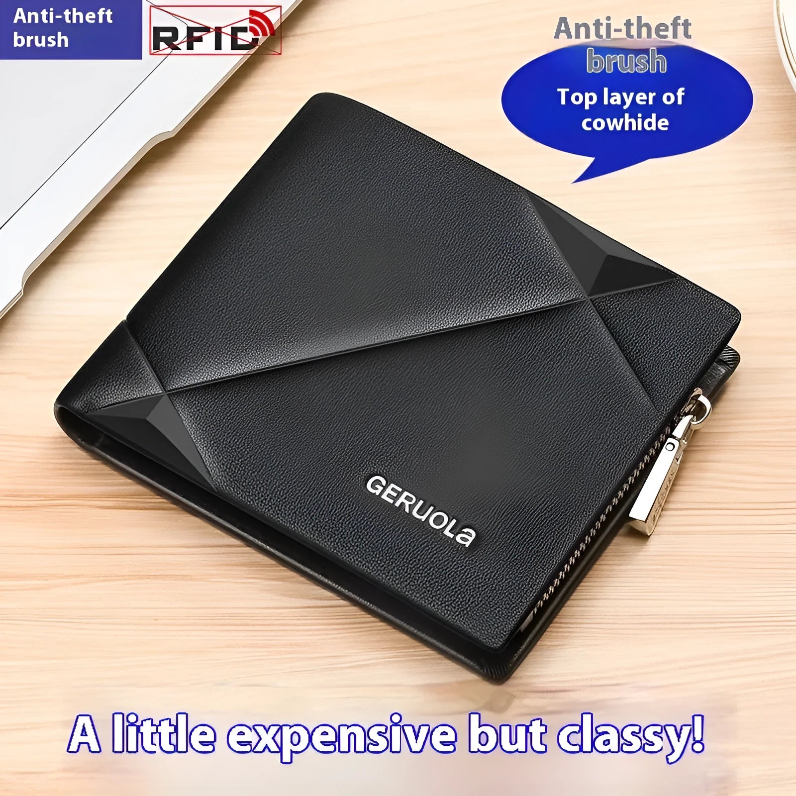 Men's short leather wallet with zipper closure in brown colour showing rhombus pattern.