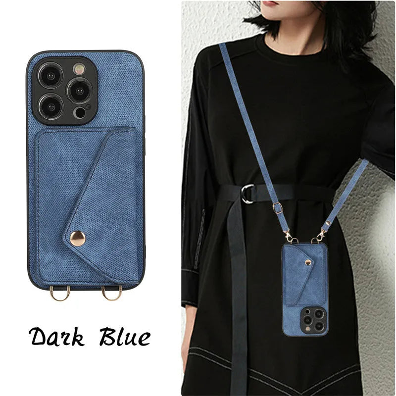 Denim-style faux leather phone case with lanyard and card clamp for iPhone in dark blue