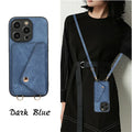 Denim-style faux leather phone case with lanyard and card clamp for iPhone in dark blue
