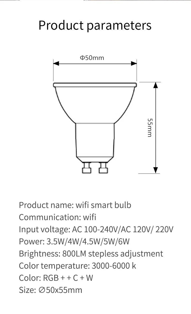5W GU10 smart LED spotlight with RGBCCT colour changing and WiFi voice control in compact design