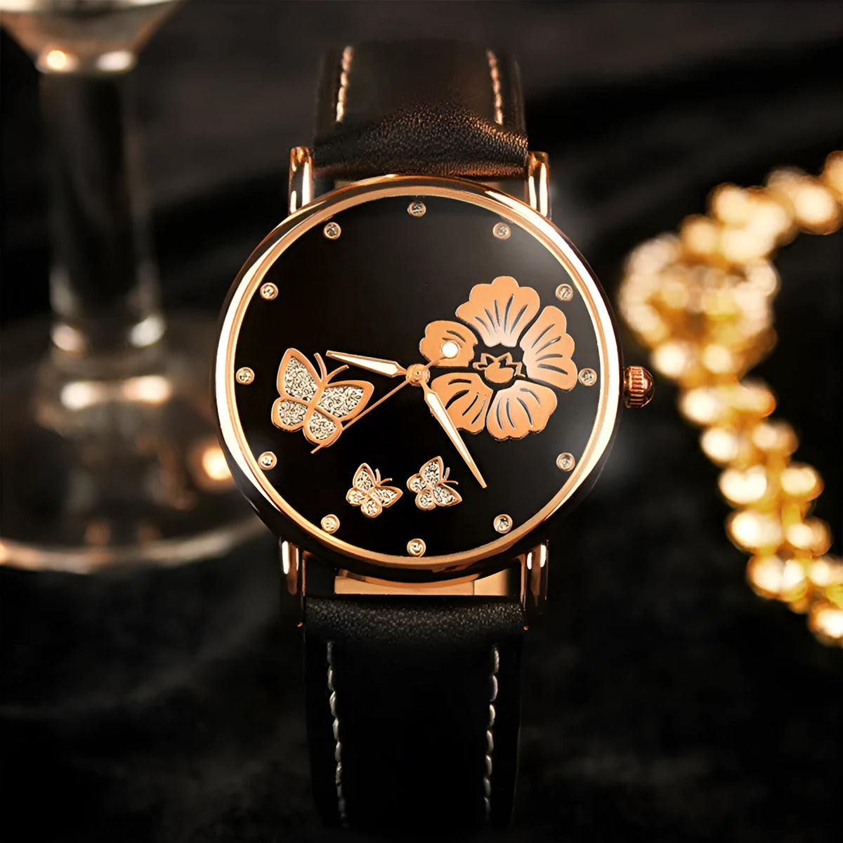 Fashion ladies quartz watch with rhinestone belt, 38mm white dial, luminous hands, and spiral crown, available with black strap