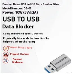 Data blocker USB adapter in silver aluminium alloy with male and female ends for charging and data shielding