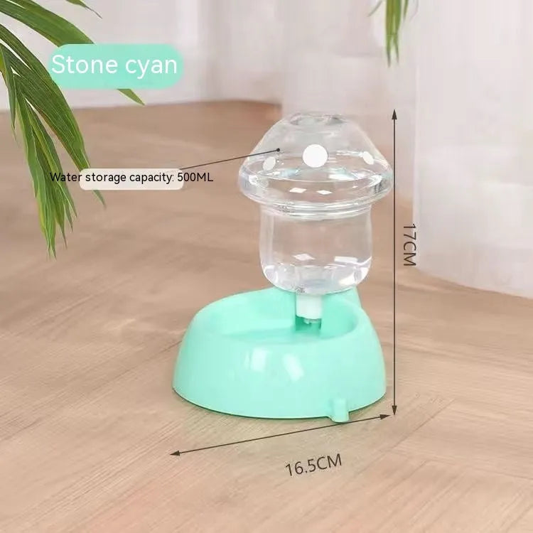 Blue mushroom-shaped automatic pet feeder with dual compartments for water and dry food, made from food-grade PP