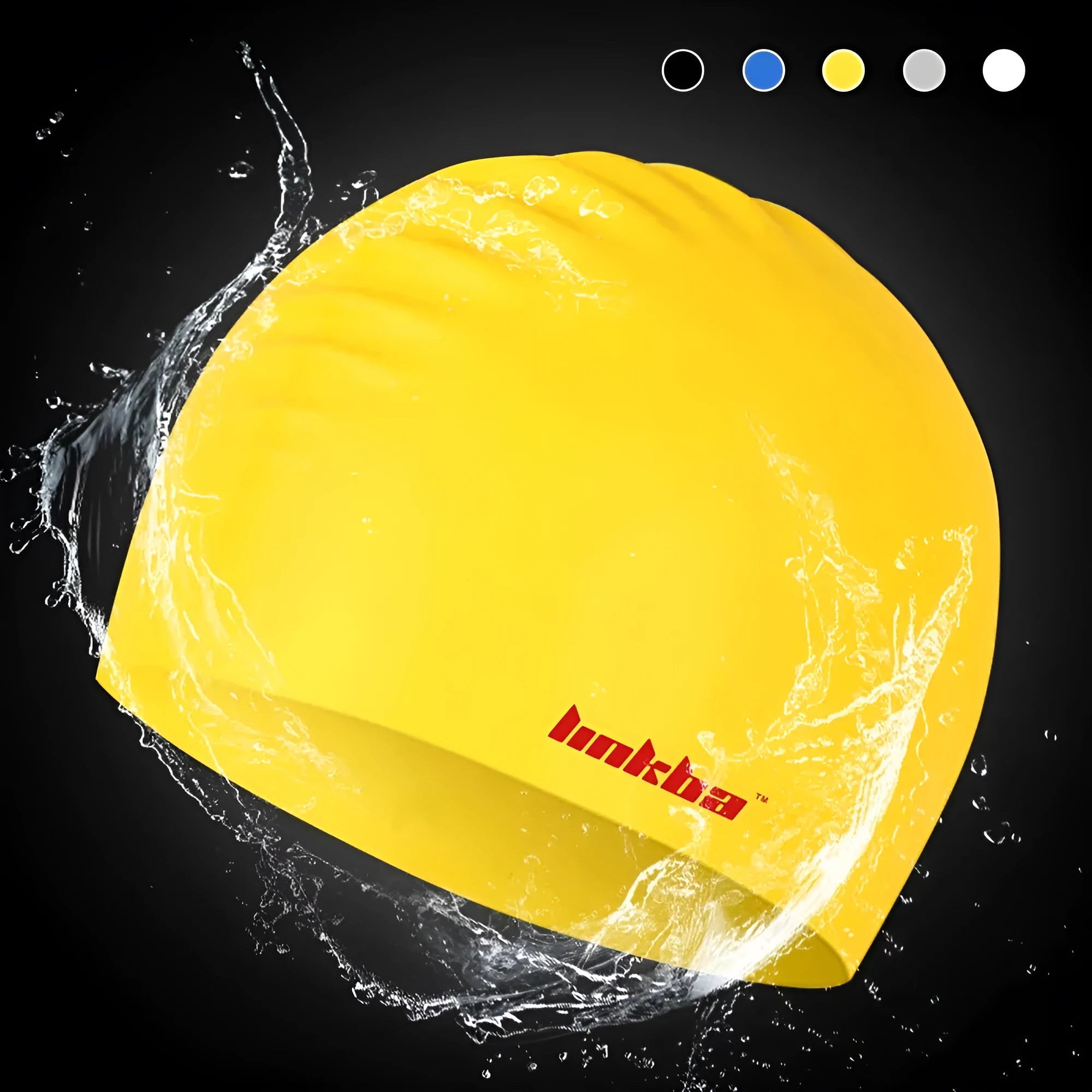 Silicone swimming cap with earmuff design in multiple colour options on a white background.