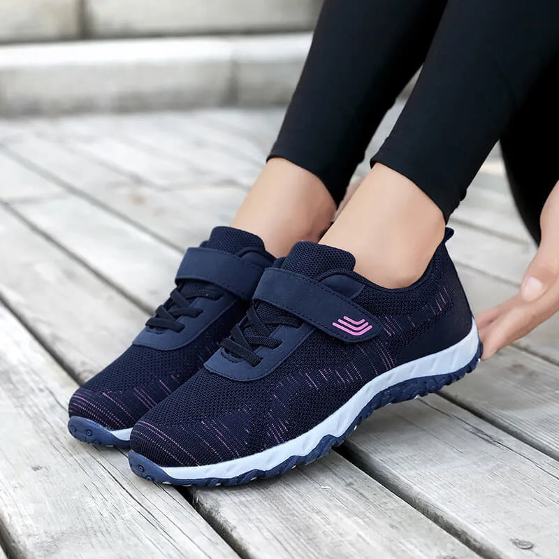 Women's wedge heel shoes with mesh uppers and velcro fastening in four colour options
