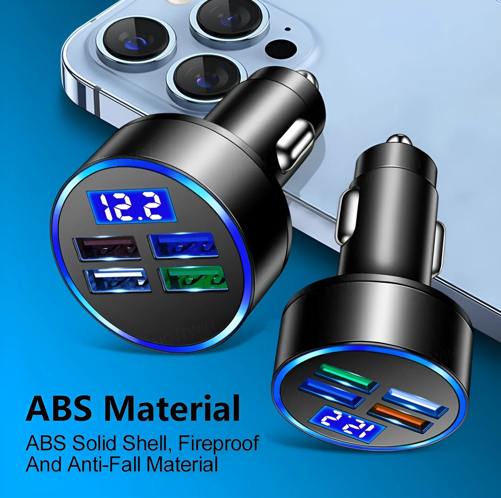 Black four-port USB car charger with cigarette lighter plug for 12V sockets.