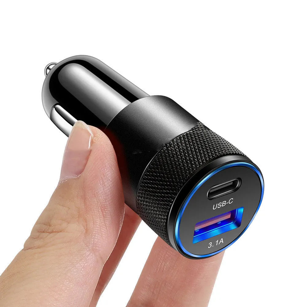 Aluminium alloy car charger showing compact 2.5x6cm dimensions with 12V input for vehicle use