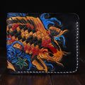 Men's handmade cow leather short wallet in red, blue, or gold, showing open closure and dimensions
