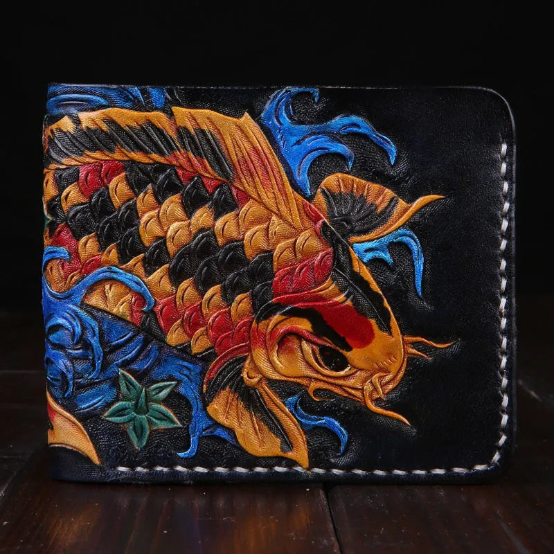 Men's handmade cow leather short wallet in red, blue, or gold, showing open closure and dimensions