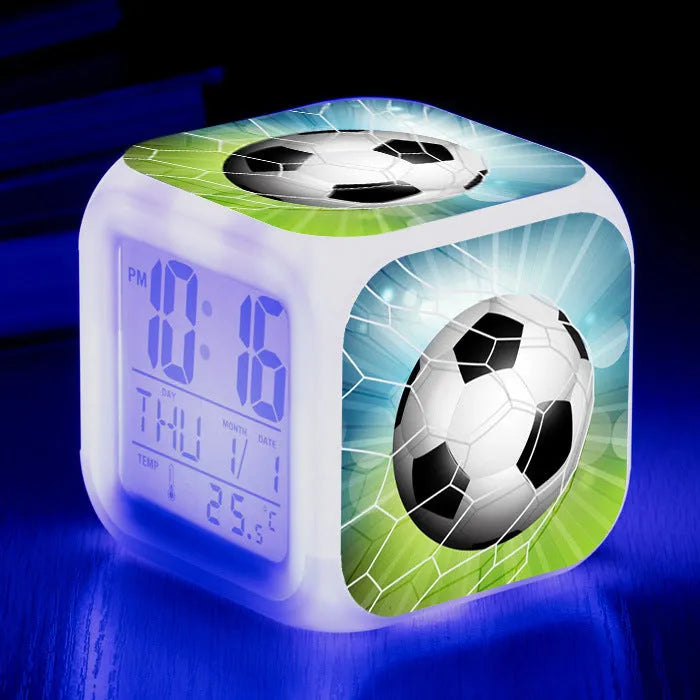 Square football pattern alarm clock for children's bedrooms with silent alarm functionality