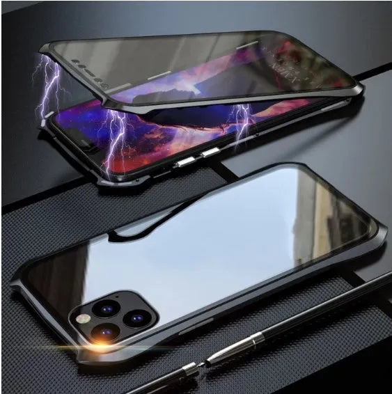 Glass magnetic king metal protective cover for iPhone 11 series in black, red, blue, and silver colours.