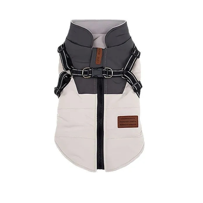 Winter warm dog vest with towing ring in graphite gray, jade green, or pale blue, cotton, sizes S-XXL.