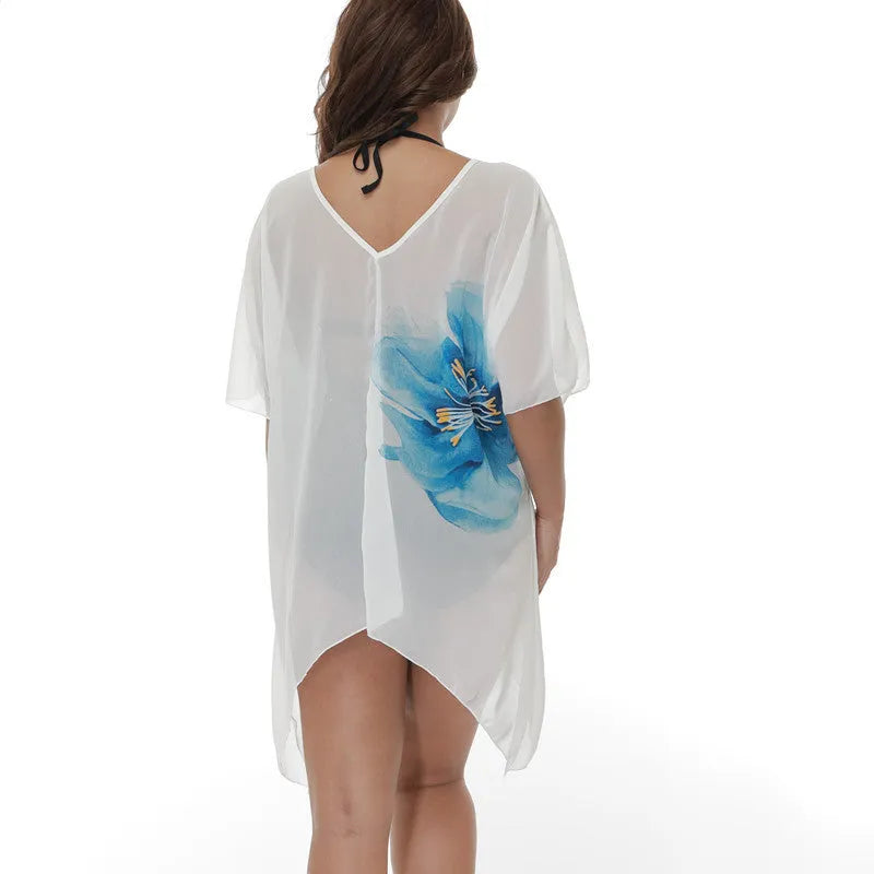 White plus size loose beach cover-up blouse for swimming
