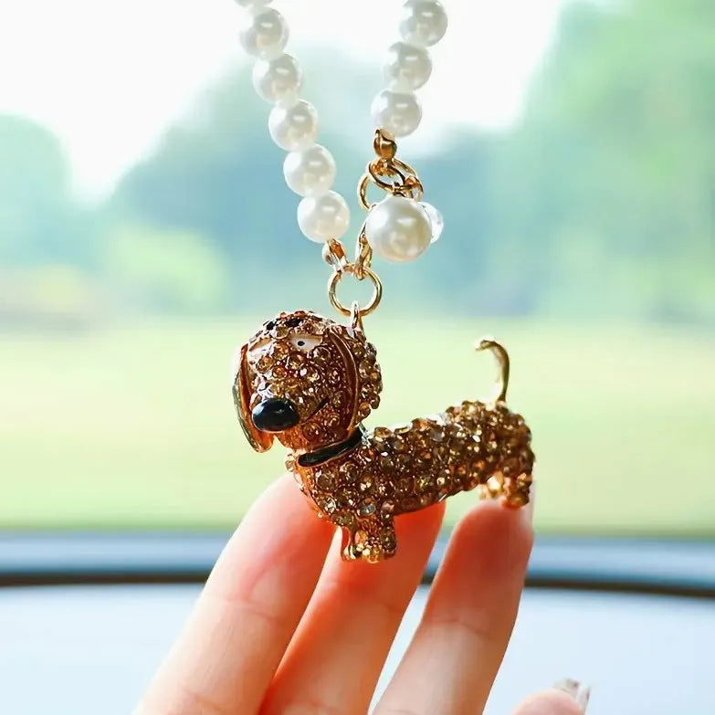 Dachshund car rearview mirror pendant in alloy, hanging car interior ornament in champagne, grey or black