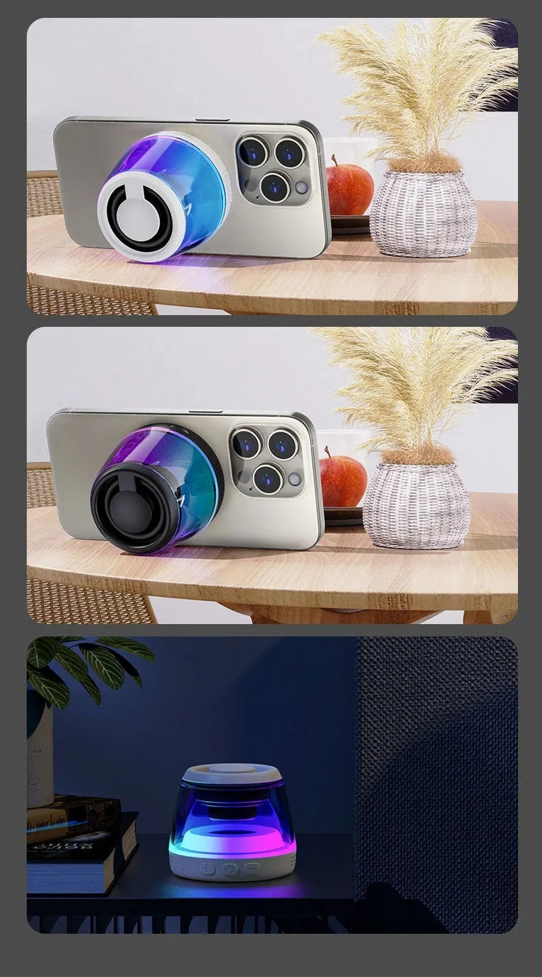 White portable wireless Bluetooth speaker with ambient lighting on wooden desktop