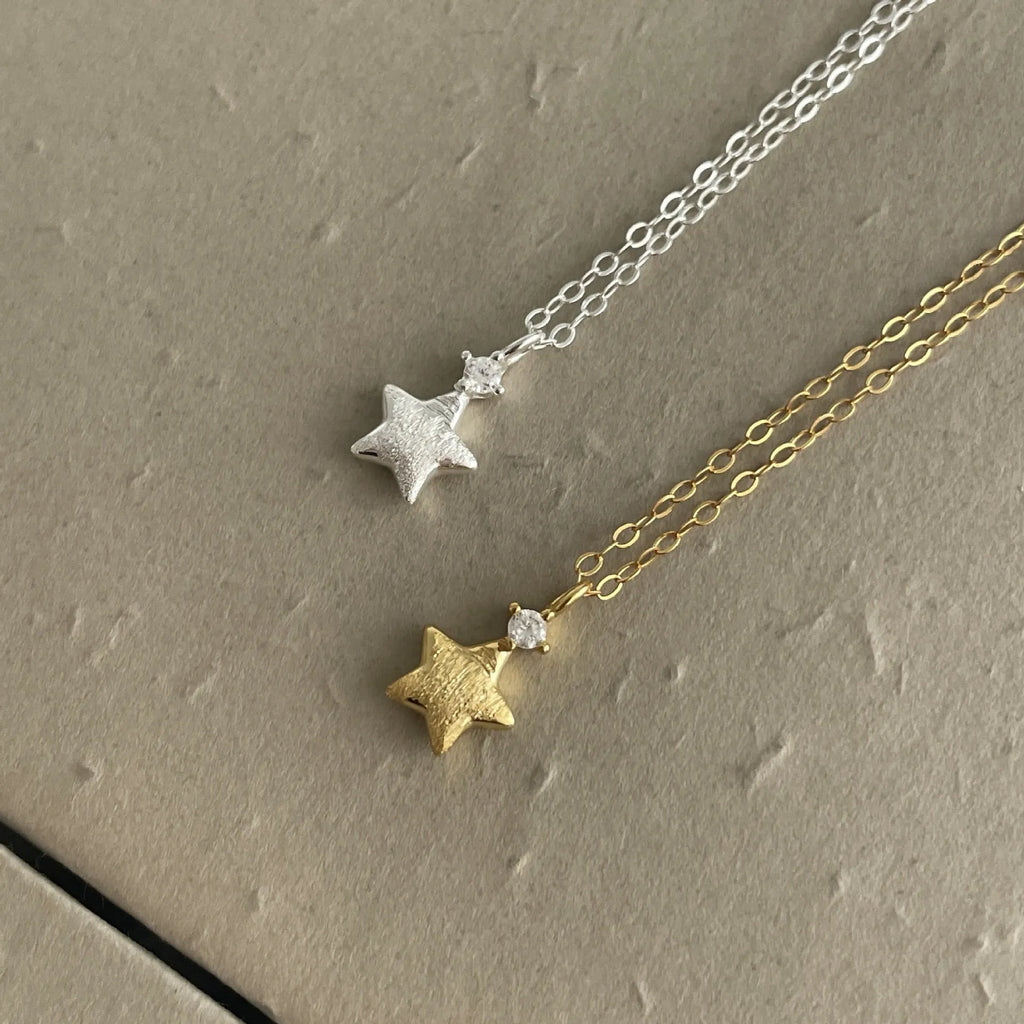 S925 sterling silver star zirconium pendant necklace brushed finish plain silver option women jewellery