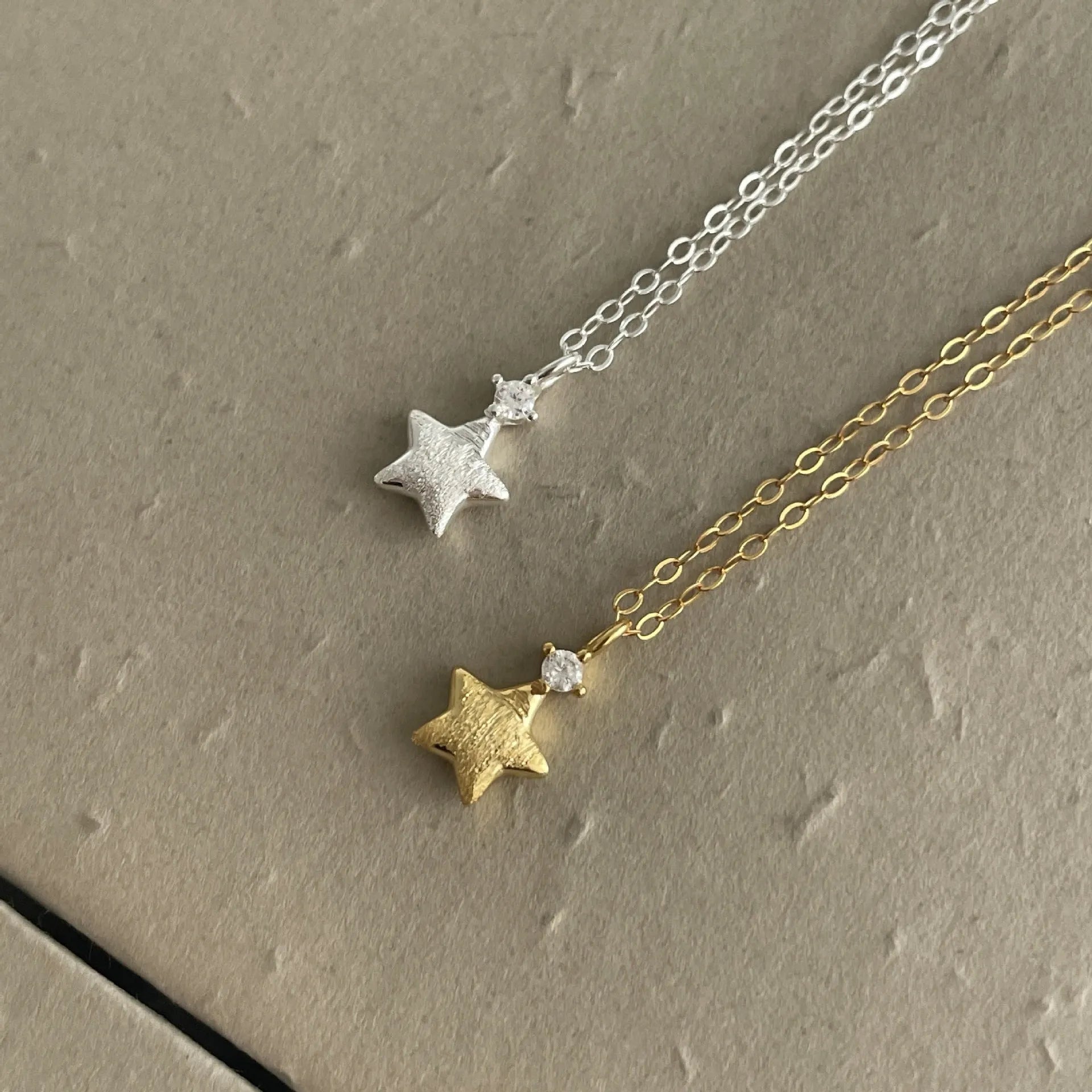 S925 sterling silver star zirconium pendant necklace brushed finish plain silver option women jewellery