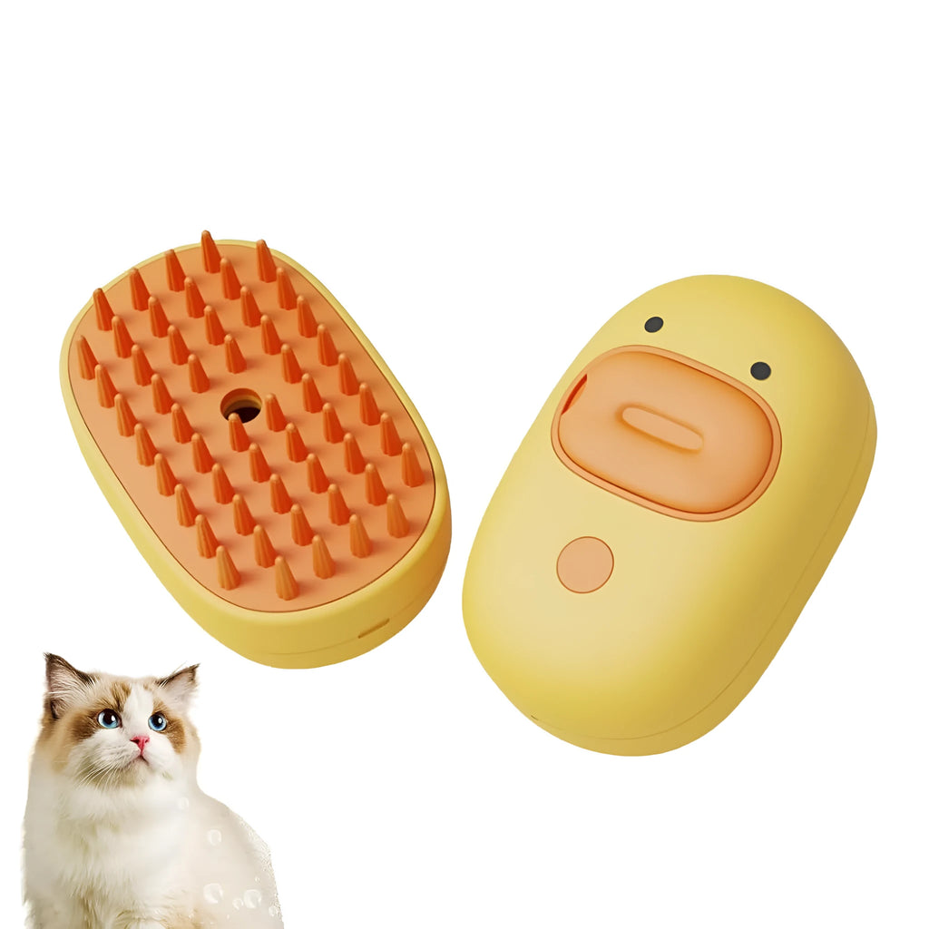 White rechargeable steam pet grooming brush with soft silicone teeth for cats and dogs.