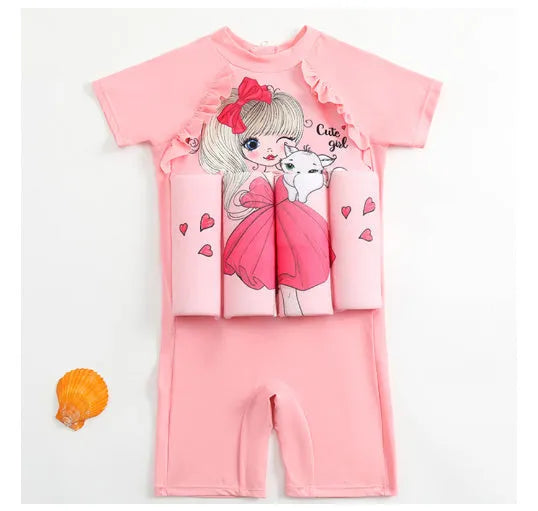Children's buoyancy swimsuit in nylon fabric with cartoon or plaid design for pool learning.