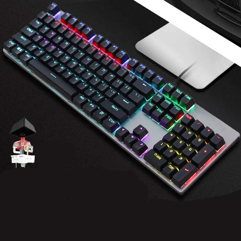 AOC GK410 mechanical keyboard with green axis switches, metal housing, and full 104-key layout including number pad