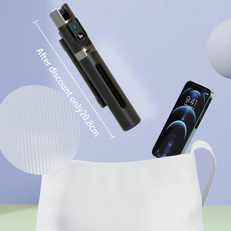 Bluetooth selfie stick with double fill light extended, aluminium alloy pipe, black finish, on a desktop