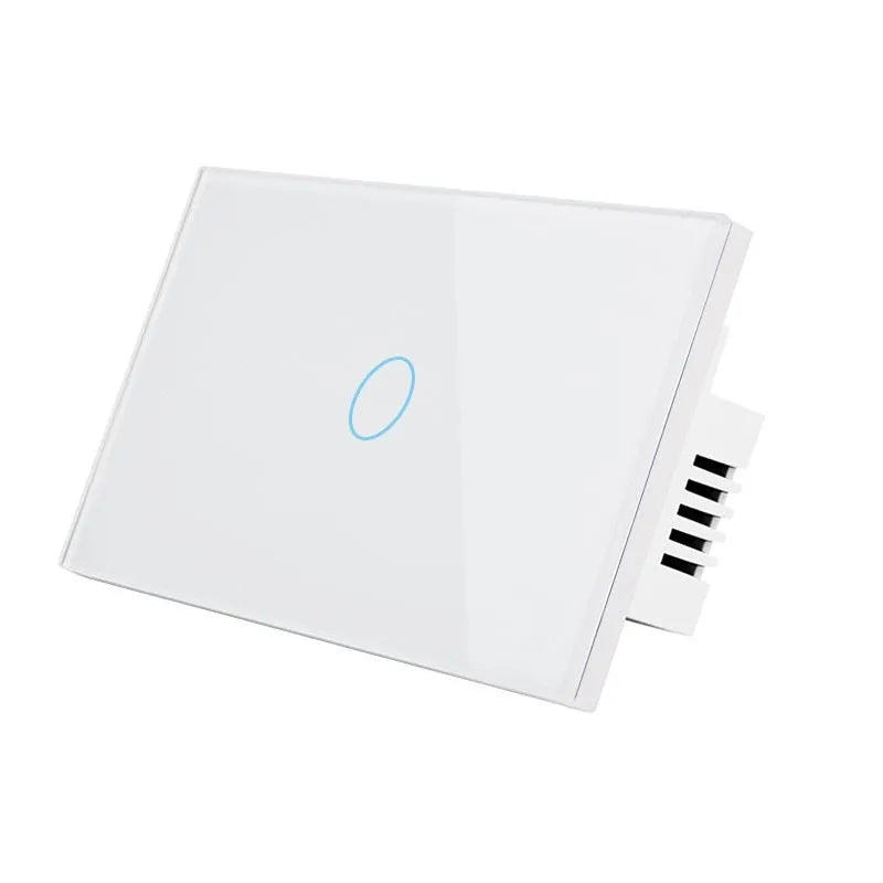 White wireless RF touch light switch with tempered glass panel showing red and blue LED indicators