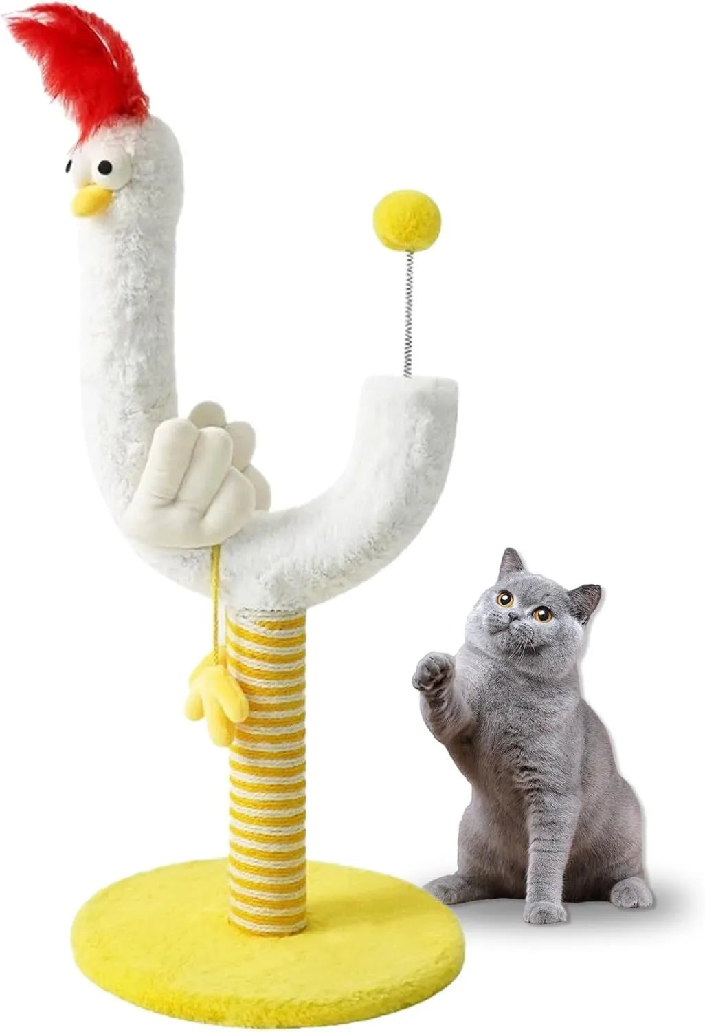 Yellow sisal cat scratching post with U-shaped design and spring ball toy