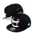 Black flat brim hiphop cap with dome crown and adjustable strap on a mannequin head