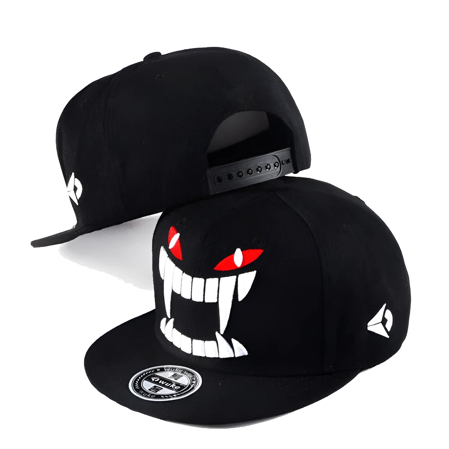 Black flat brim hiphop cap with dome crown and adjustable strap on a mannequin head