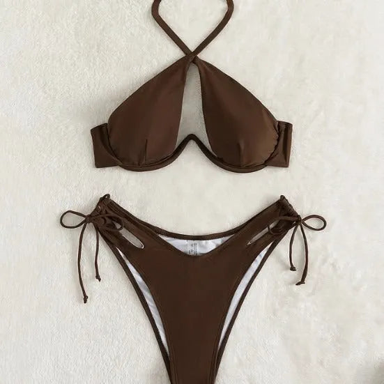 Women's solid colour halter neck bikini set on a mannequin, shown in brown.