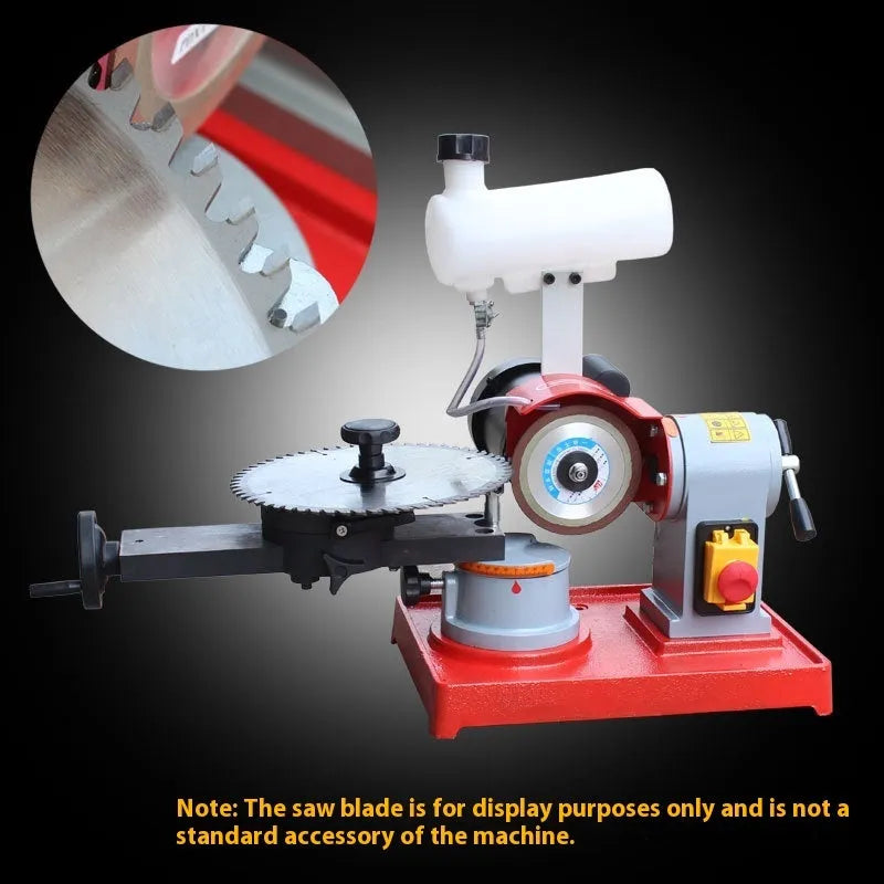 Sharpedge grinding machine for sharpening alloy circular saw blades on a workshop bench.