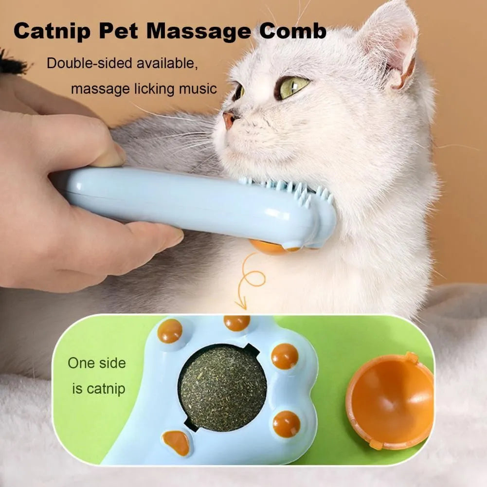 Cartoon design cat massage comb toy with catnip compartment and dangling elements for dental care