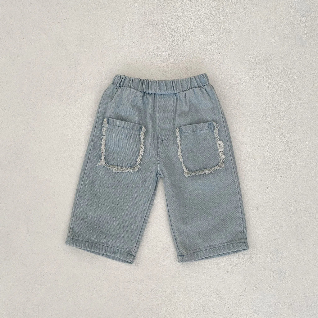 Children's burrs pocket cotton denim cropped pants in denim colour with hairband belt closure