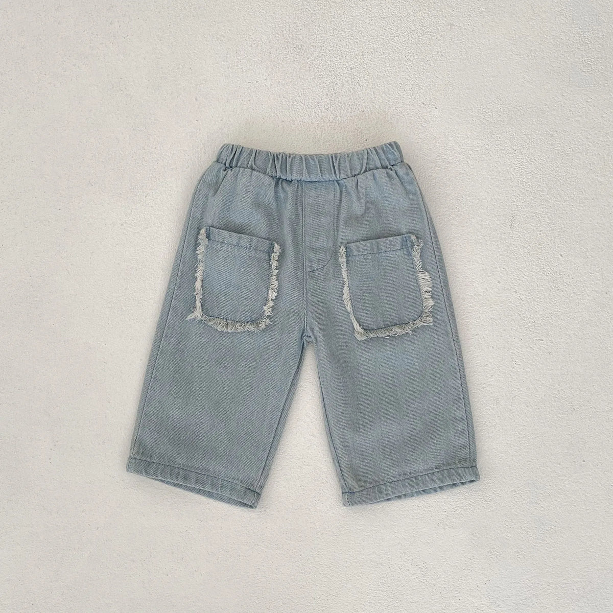 Children's burrs pocket cotton denim cropped pants in denim colour with hairband belt closure