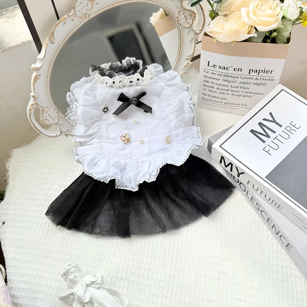 White yarn skirt princess style dog clothing on mannequin showing gauze skirt design