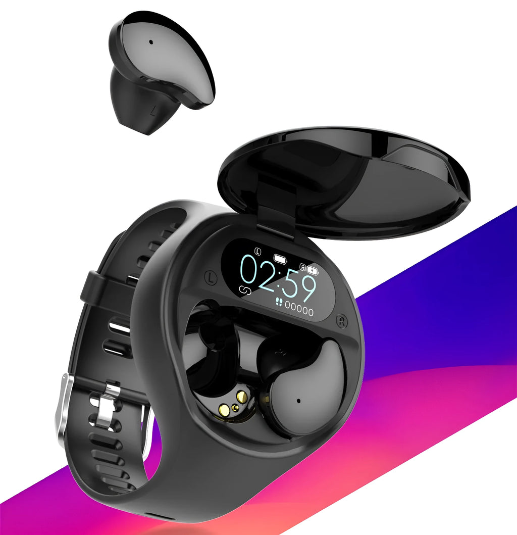 Black smart bracelet with detachable Bluetooth earphones showing colour screen display and heart rate monitoring
