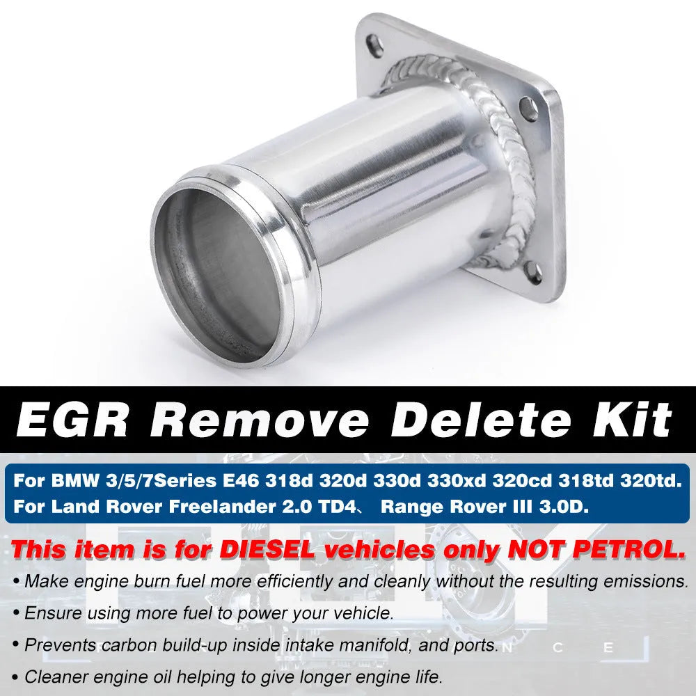 BMW E46 diesel EGR delete kit showing removal pipe, blanking plates, bolts, vacuum plug, and cable ties