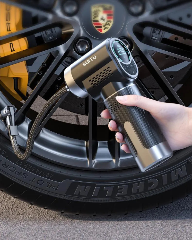 ST-5518 wireless air pump with inflatable pipe, charging cable, and nozzle accessories