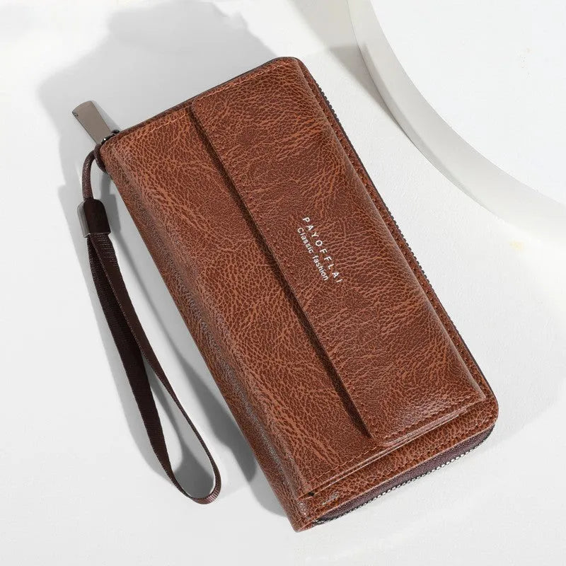 Men's black PU leather long wallet with multiple card slots, shown next to a brown version.