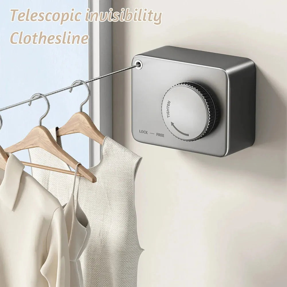 Gun grey retractable wall mounted clothesline extended to 4.8m with clothes hanging, ABS stainless steel construction