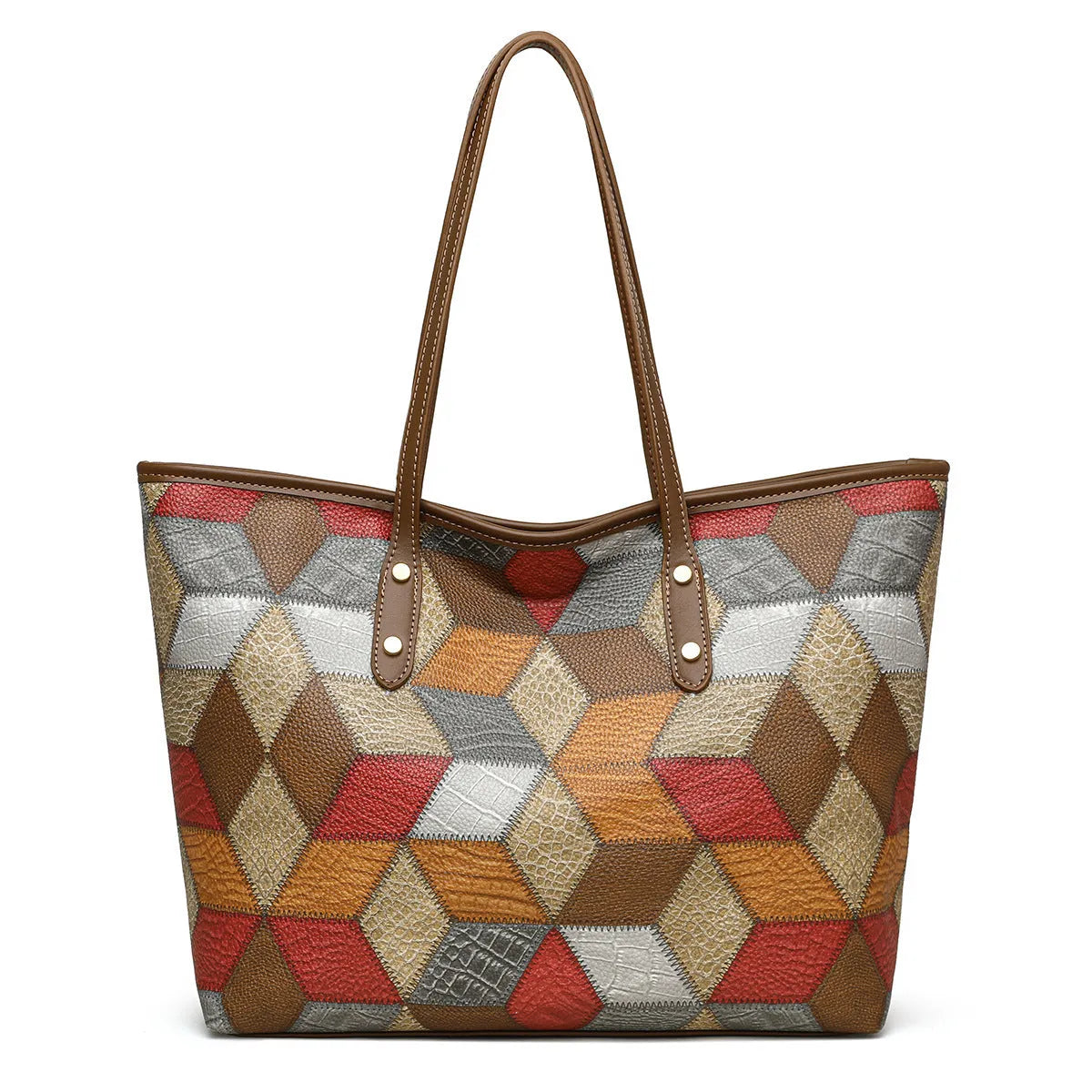 Women's large capacity PVC handbag in blue brown colour with outer sandwich pocket organisation