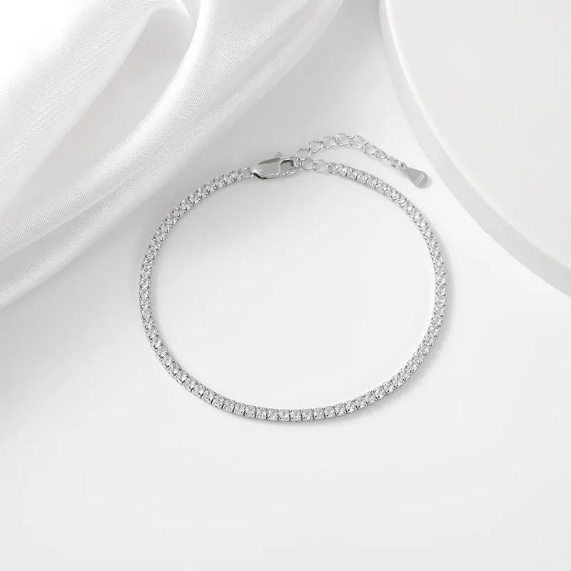 Geometric 925 sterling silver bracelet with zircon inlay, white gold colour, 3mm stone size