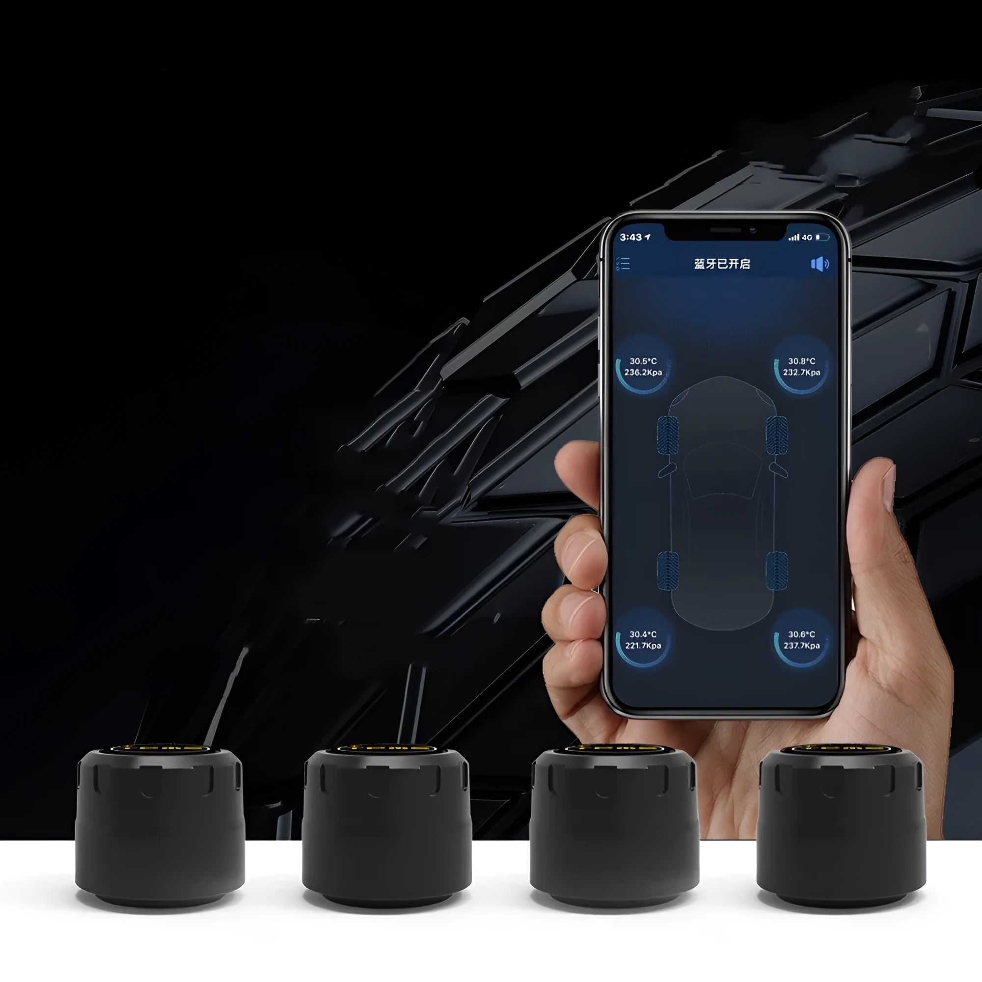 Bluetooth 5.0 automotive tire pressure monitoring system with four black external sensors