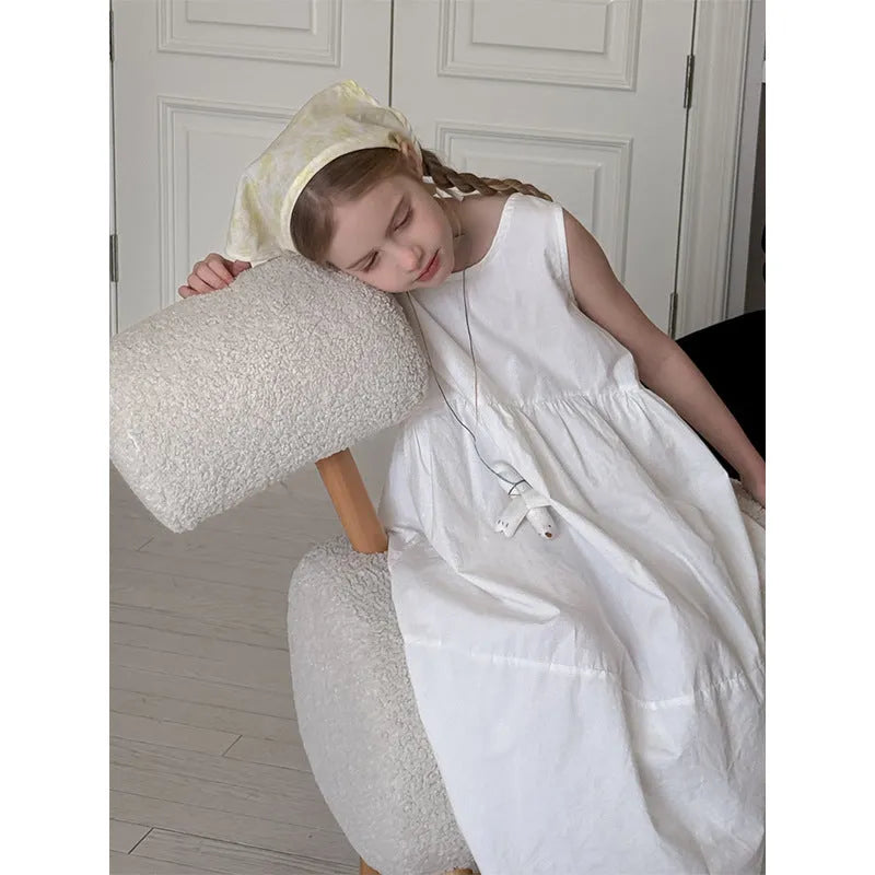 Girls white cotton suspender dress with dot pattern, summer French style, sizes 90cm to 150cm