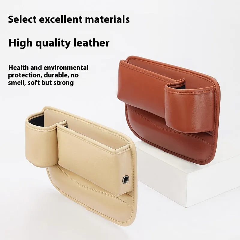 Car seat gap storage box with water cup holder in waterproof leather, black colour option for driver side