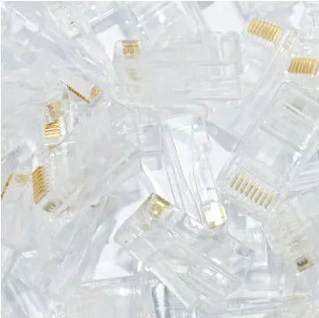 White RJ45 network modular plug showing gold-plated three-fork contacts and all-copper insert construction