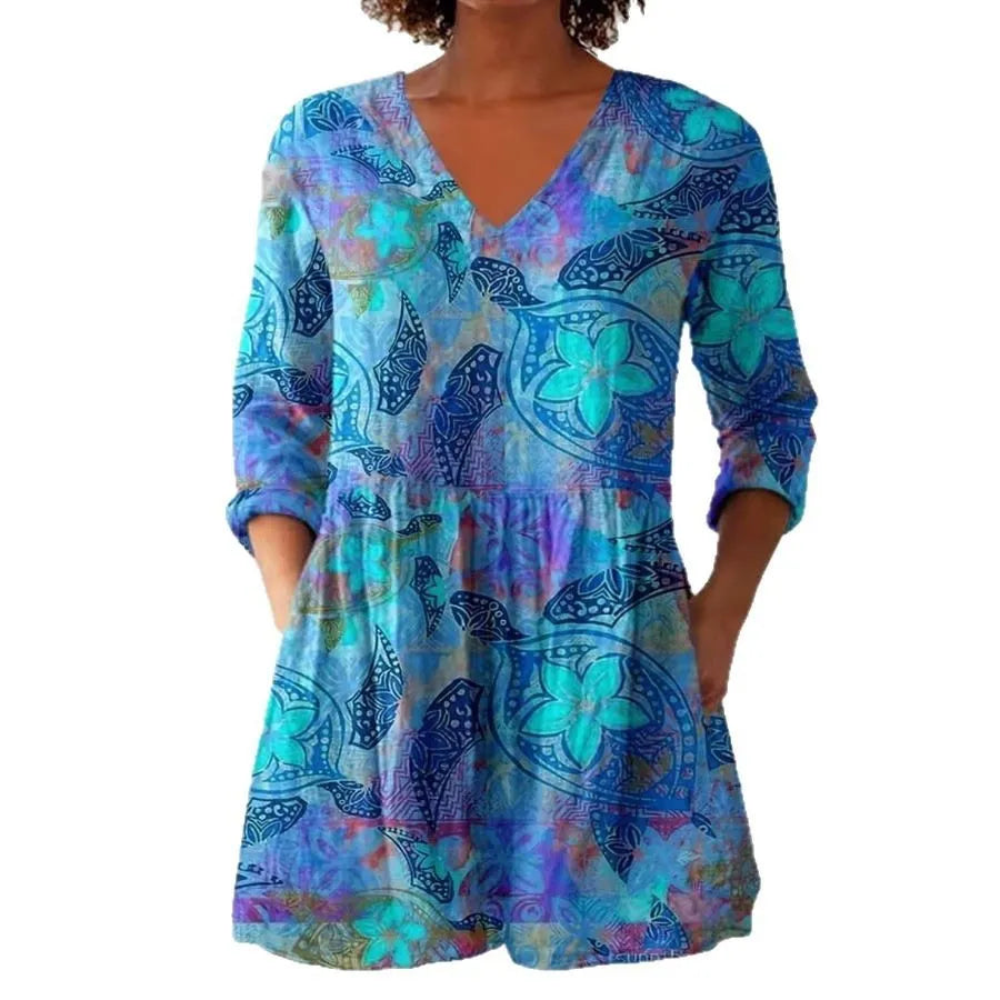 Women's retro slim fit printed long-sleeved top in polyester fabric with digital printing
