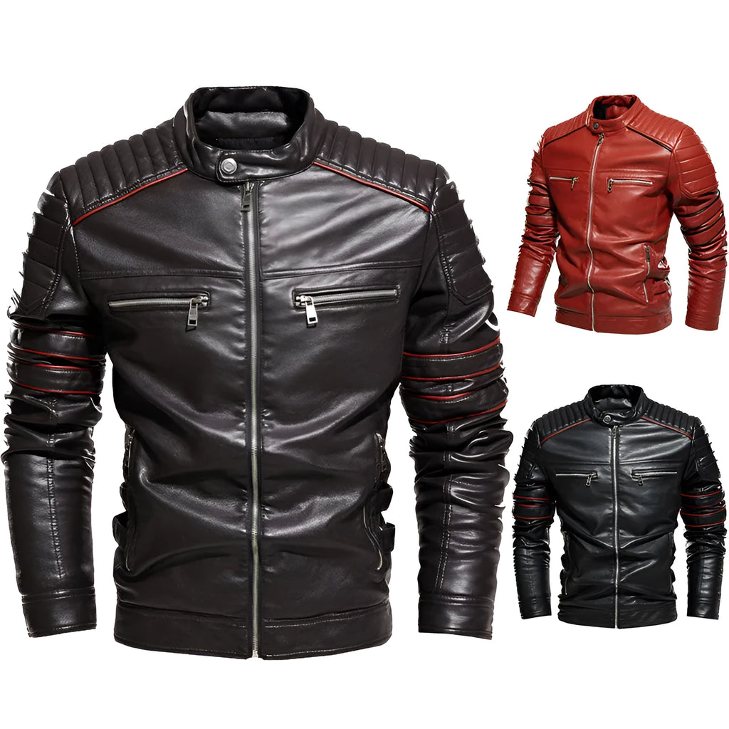 Men's fleece-lined motorcycle jacket with stand-up collar, cotton, black red brown, sizes L to 3XL