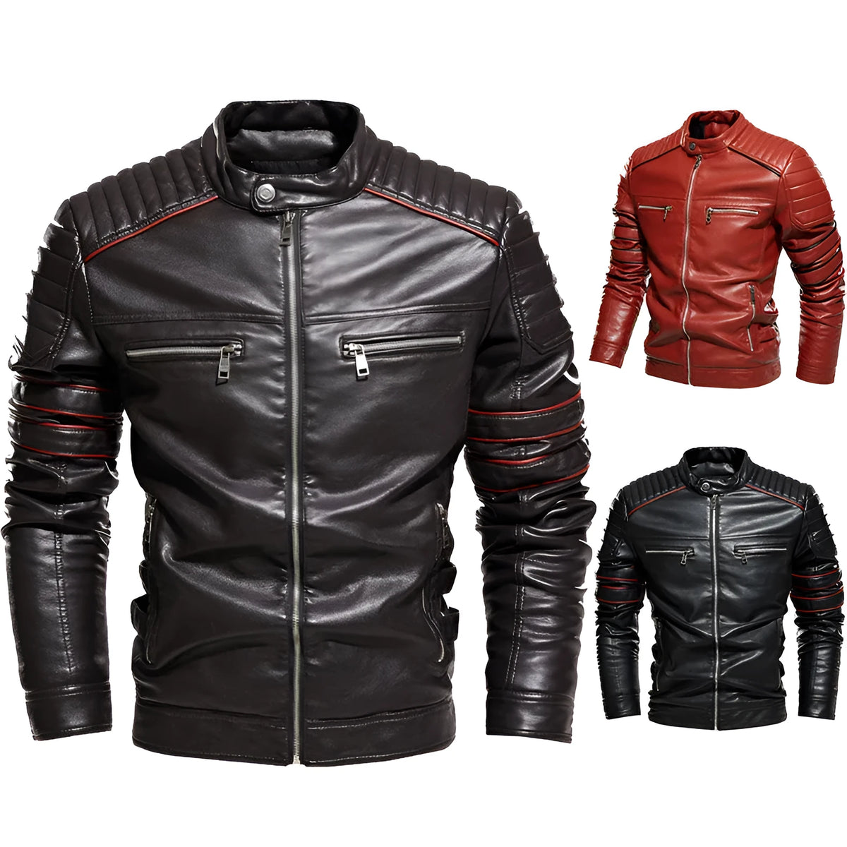 Men's fleece-lined motorcycle jacket with stand-up collar, cotton, black red brown, sizes L to 3XL